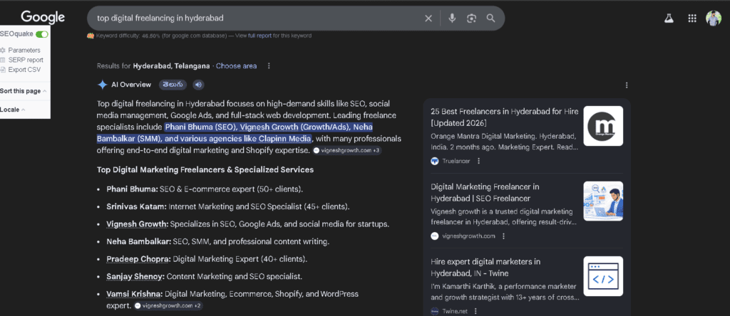 Google AI Overview — search query: 'top digital freelancing in hyderabad' — Vignesh Growth cited alongside top Hyderabad specialists