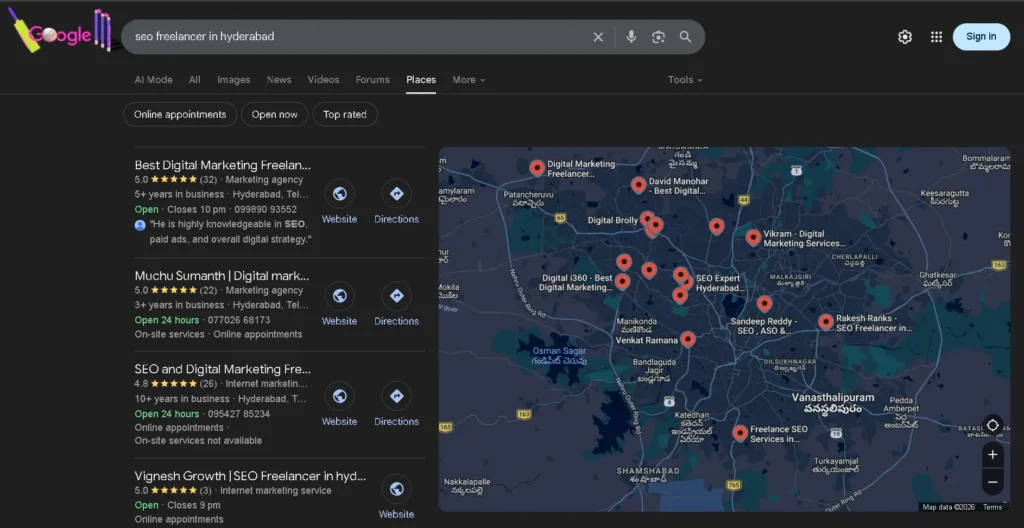 Google Maps local pack — search query: 'seo freelancer in hyderabad' — Vignesh Growth listed in top 4 results with 5.0★ rating"