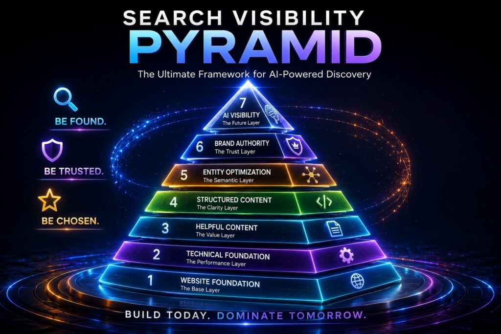 Search Visibility Pyramid showing the complete SEO, AEO, and GEO framework to improve Google rankings, AI search visibility, brand authority, and organic traffic.