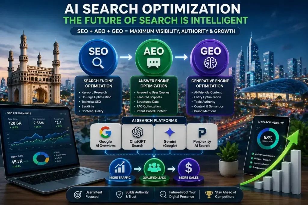 Advanced AI search optimization strategy combining SEO, AEO, and GEO to increase traffic, authority, and online visibility across leading search platforms.