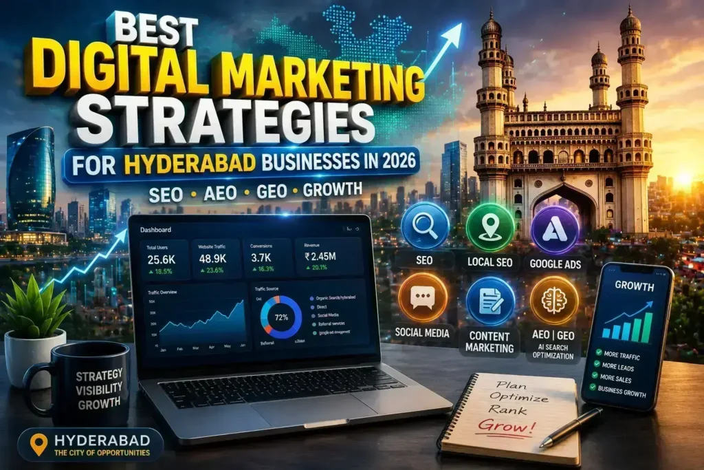 Best digital marketing strategies for Hyderabad businesses using SEO, local SEO, AEO, GEO, and content marketing in 2026.
